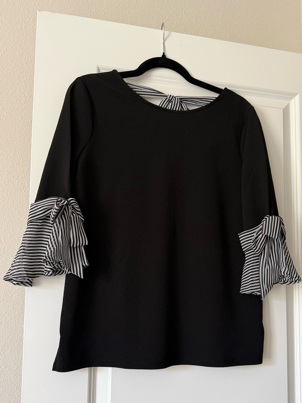 New York & Company Black Top with Black and White Striped Bow